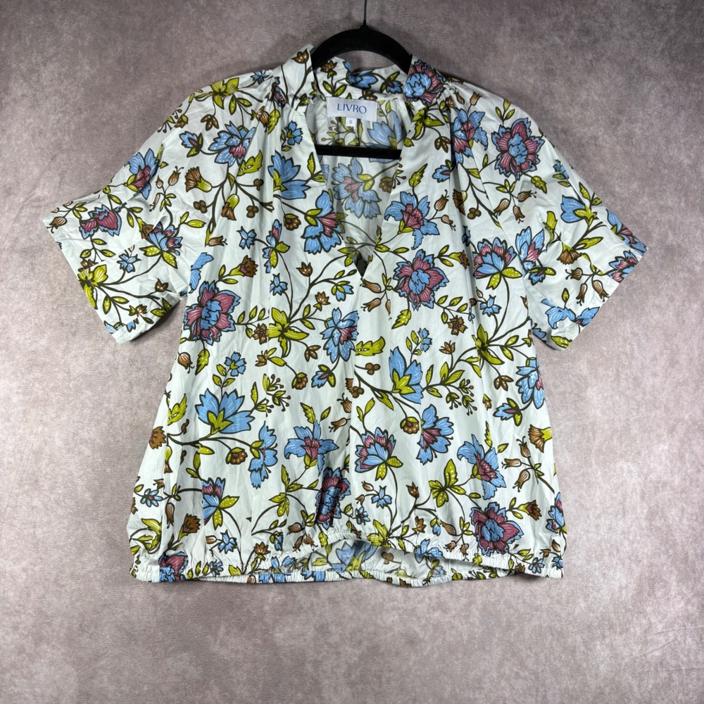 Livro Blouse Women S White Floral V-Neck Short Sleeve Elastic Hem Cotton Boho